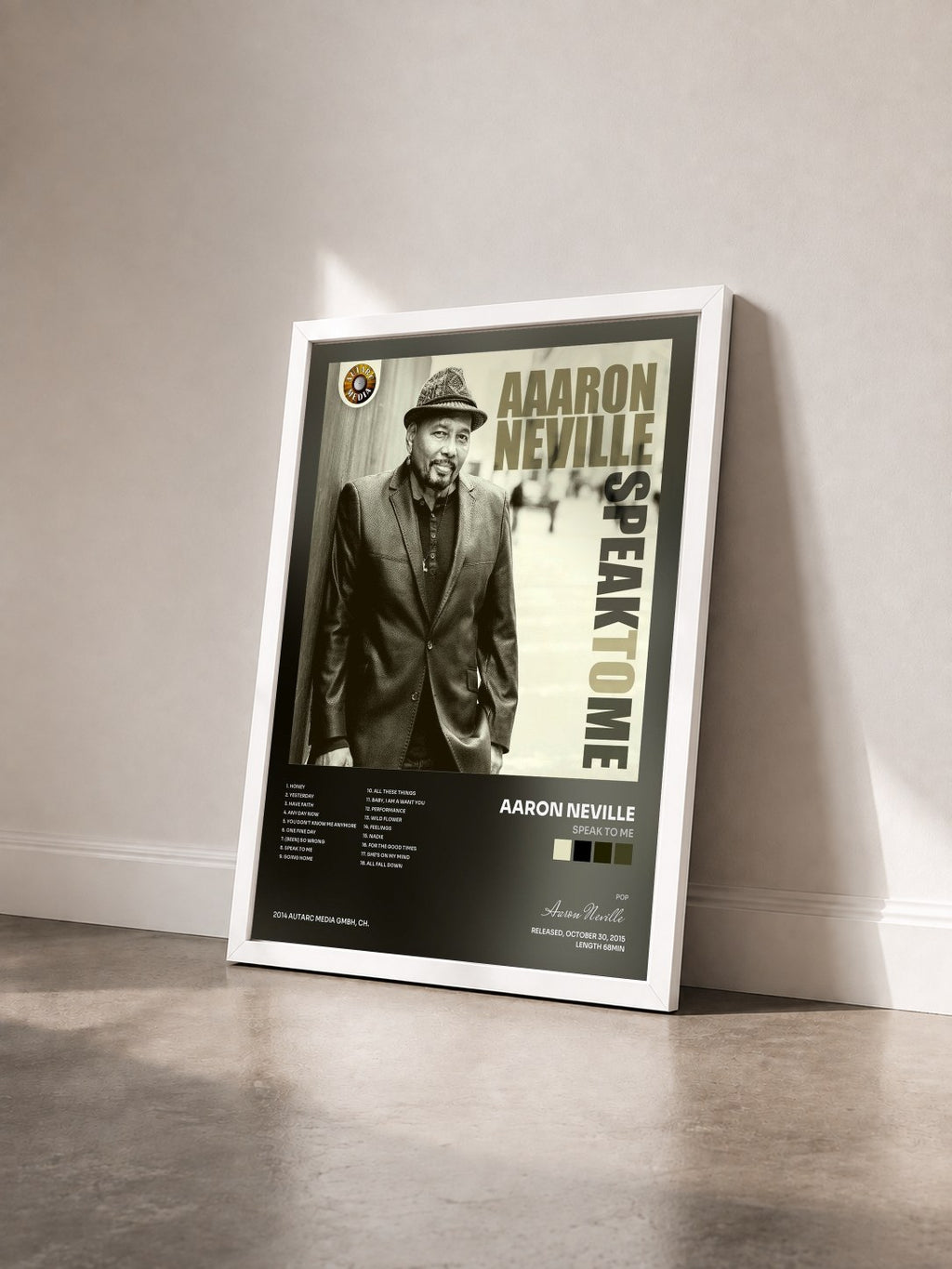 #blanc Tableau de l'album Speak to Me de Aaron Neville vu de trois quarts, cadre blanc