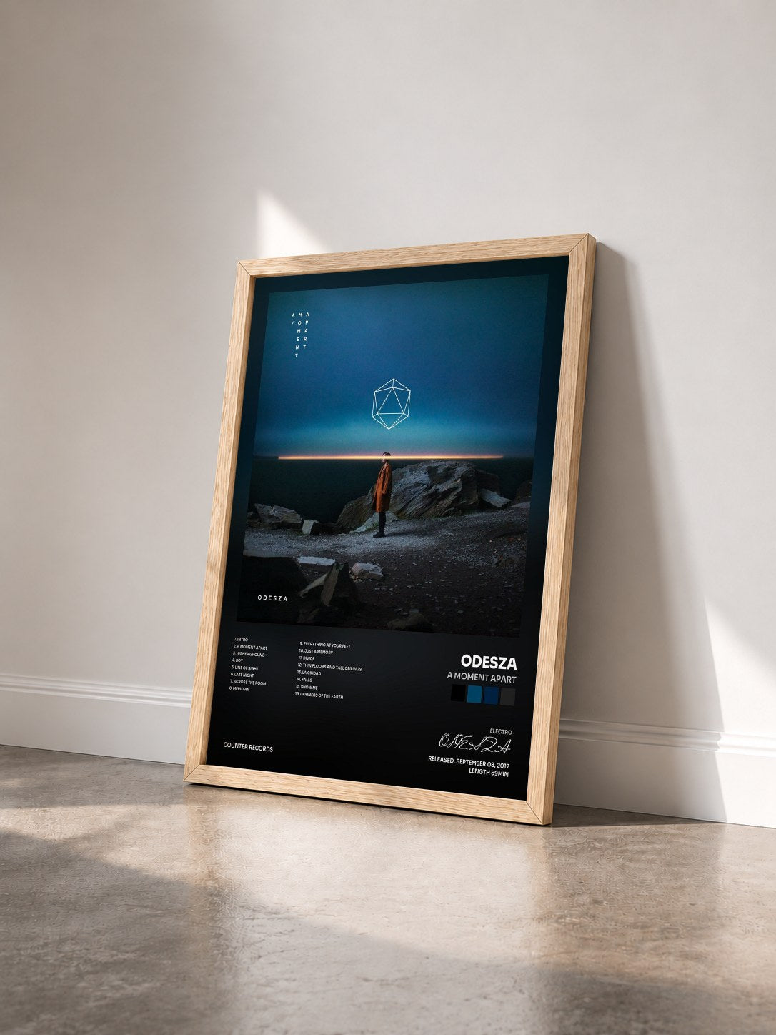 #bois Tableau de l'album A Moment Apart de ODESZA vu de trois quarts, cadre en bois brut
