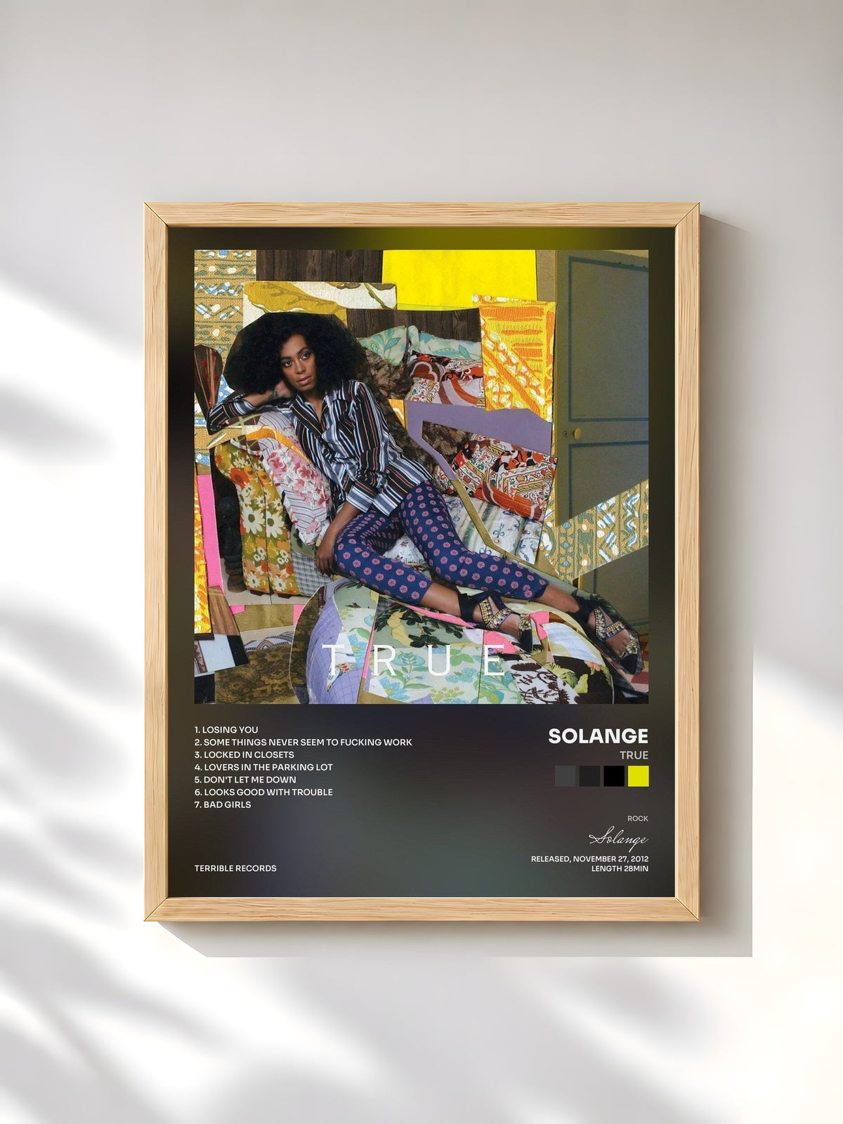 #bois Tableau de l'album True de Solange, cadre en bois brut, imprimé et encadré en France