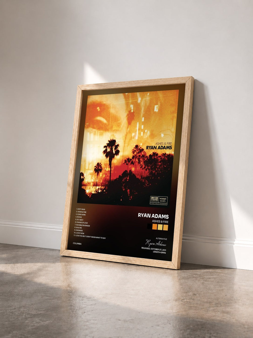 #bois Tableau de l'album Ashes & Fire de Ryan Adams vu de trois quarts, cadre en bois brut