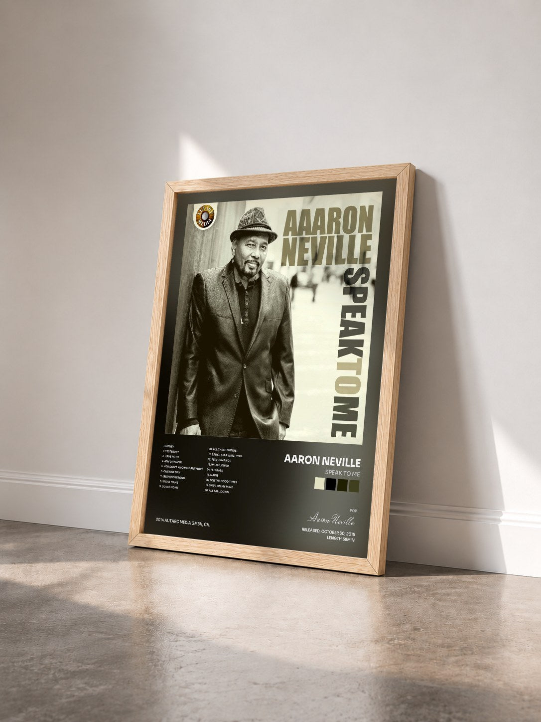 #bois Tableau de l'album Speak to Me de Aaron Neville vu de trois quarts, cadre en bois brut