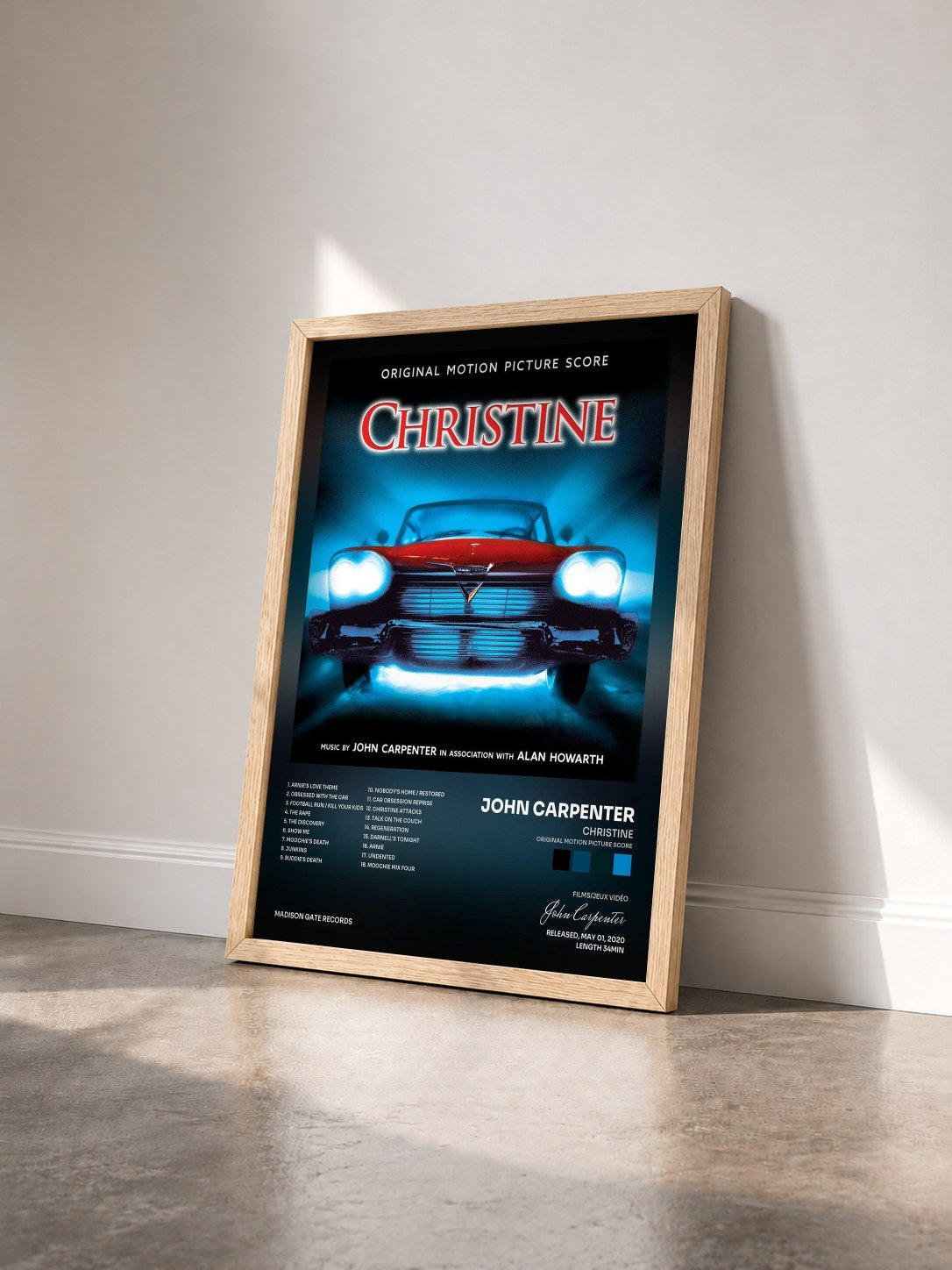 #bois Tableau de l'album Christine (Original Motion Picture Score) de John Carpenter vu de trois quarts, cadre en bois brut