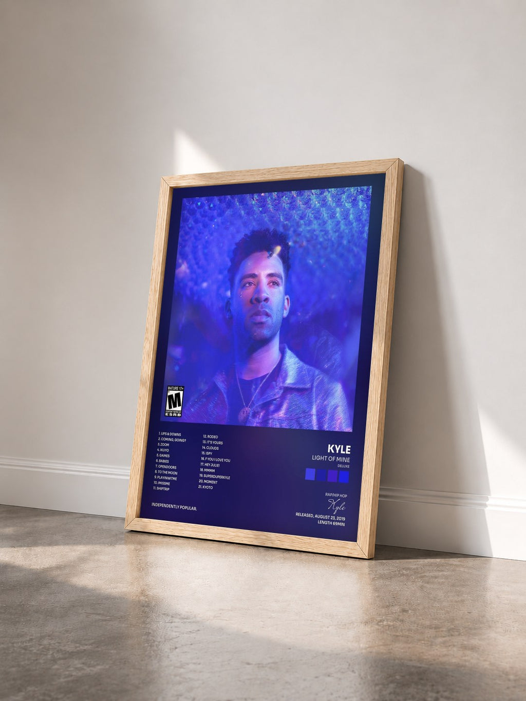 #bois Tableau de l'album Light of Mine (Deluxe) de Kyle vu de trois quarts, cadre en bois brut