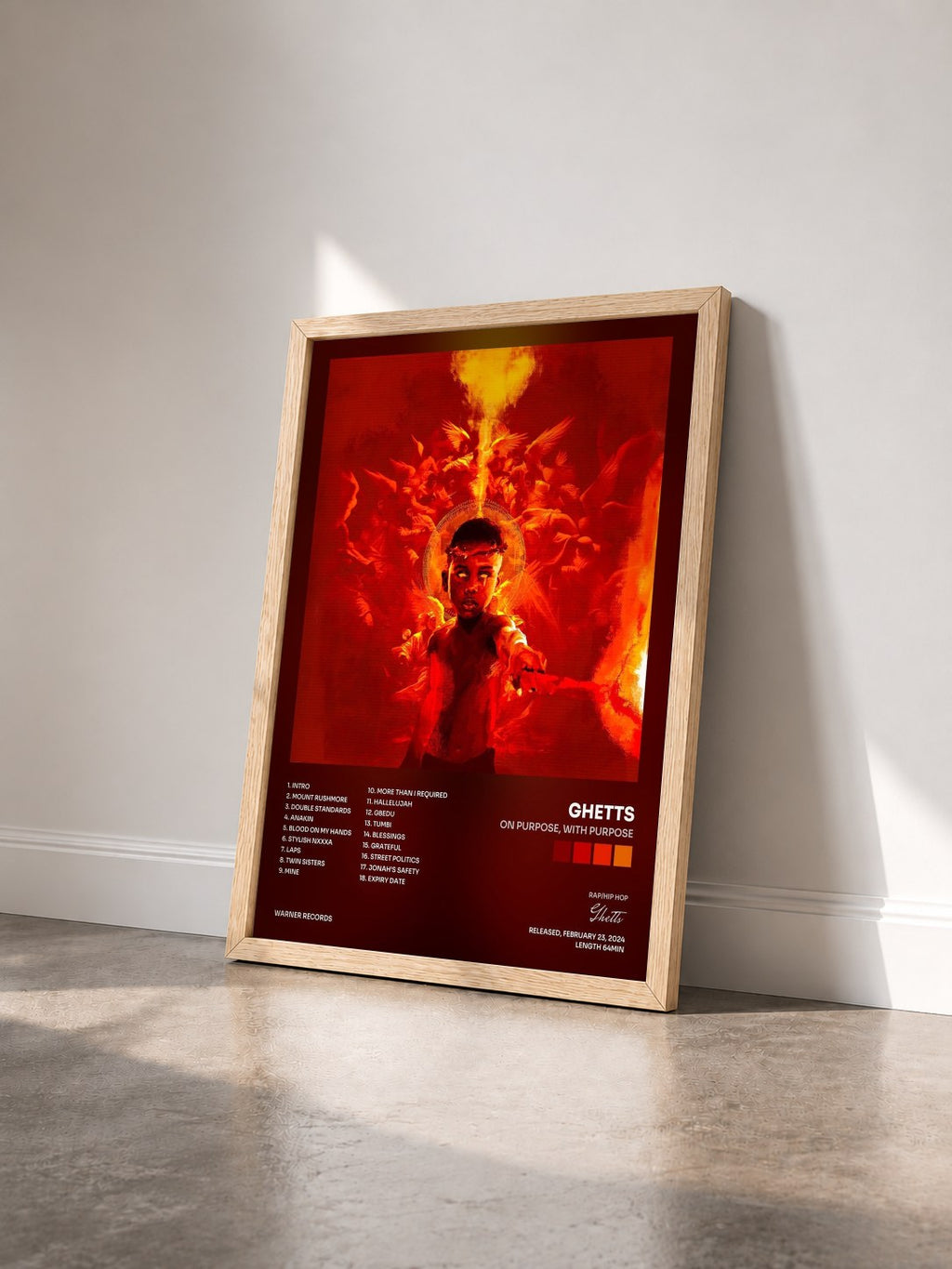#bois Tableau de l'album On Purpose, With Purpose de Ghetts vu de trois quarts, cadre en bois brut