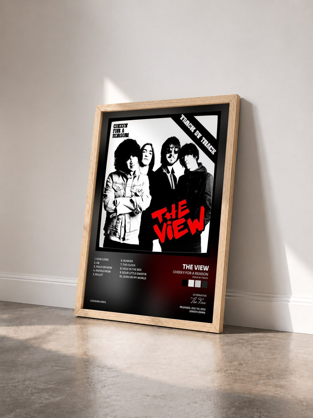 #bois Tableau de l'album Cheeky for a Reason (Track by Track) de The View vu de trois quarts, cadre en bois brut