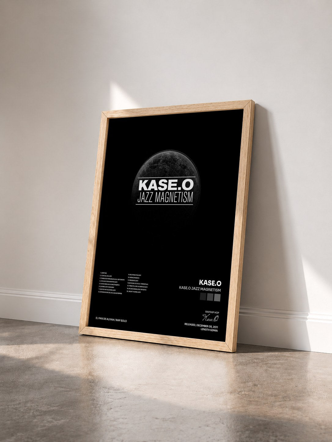 #bois Tableau de l'album Kase.O Jazz Magnetism de Kase.O vu de trois quarts, cadre en bois brut
