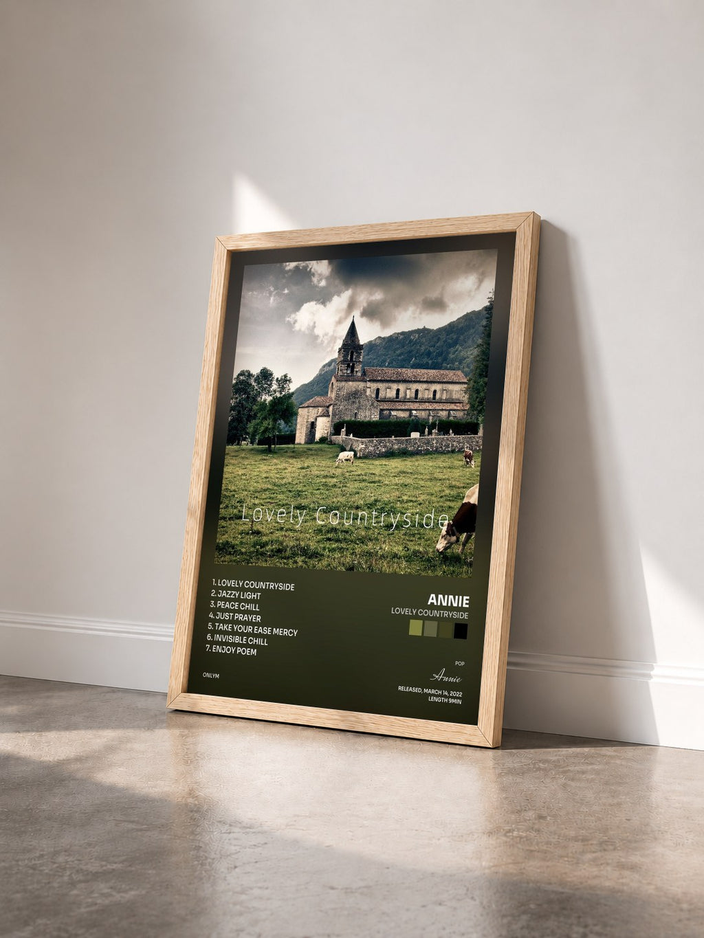 #bois Tableau de l'album Lovely Countryside de Annie vu de trois quarts, cadre en bois brut