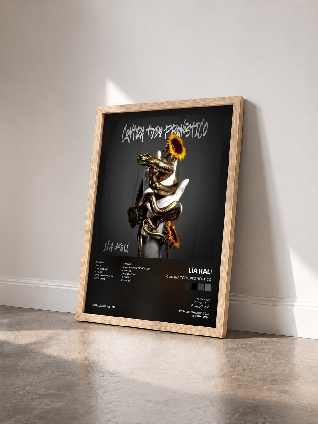 #bois Tableau de l'album Contra Todo Pronóstico de Lía Kali vu de trois quarts, cadre en bois brut