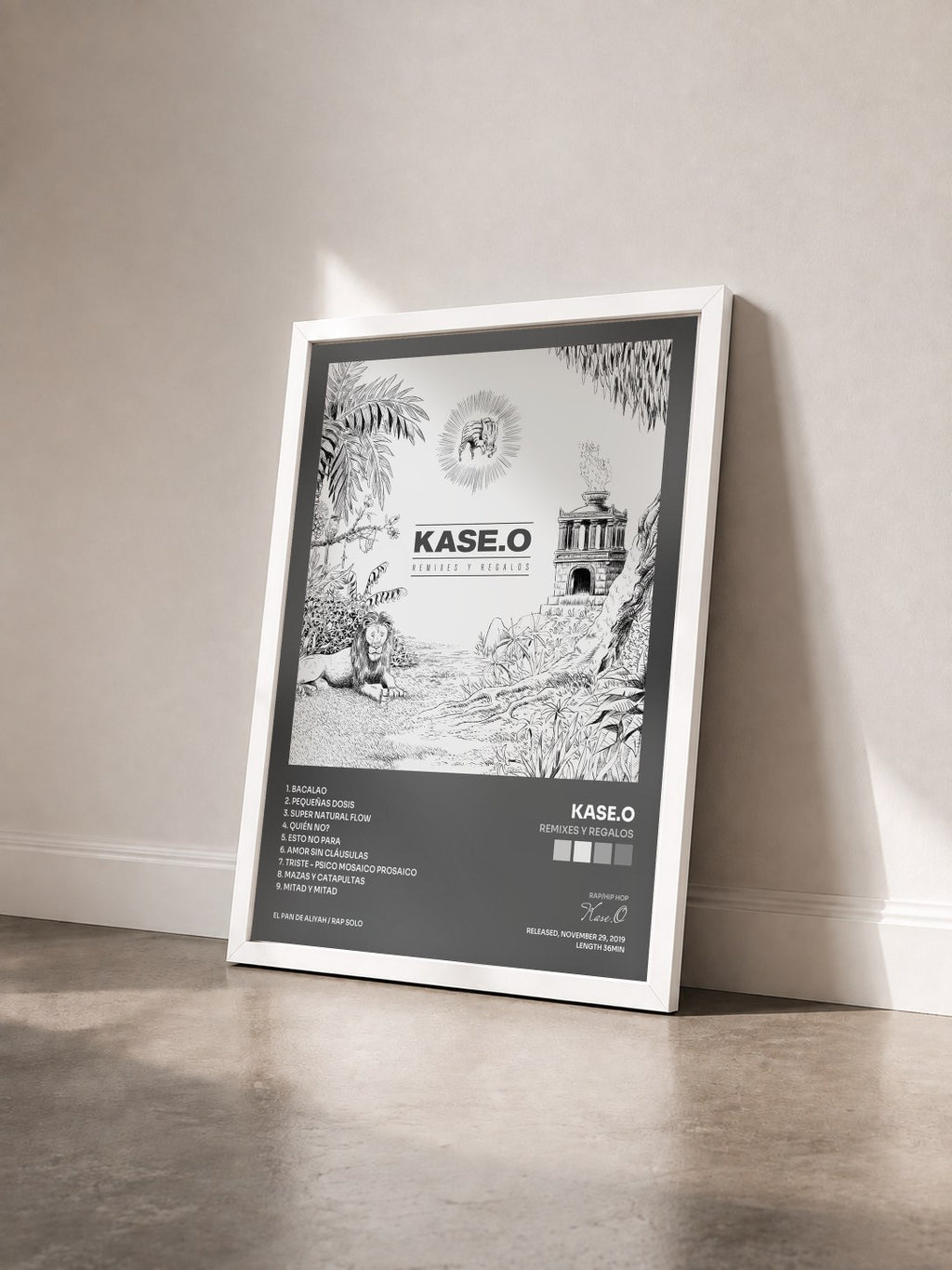 #blanc Tableau de l'album Remixes y Regalos de Kase.O vu de trois quarts, cadre blanc