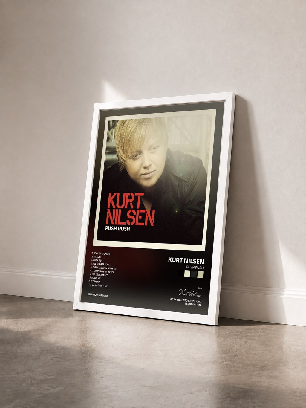 #blanc Tableau de l'album Push Push de Kurt Nilsen vu de trois quarts, cadre blanc