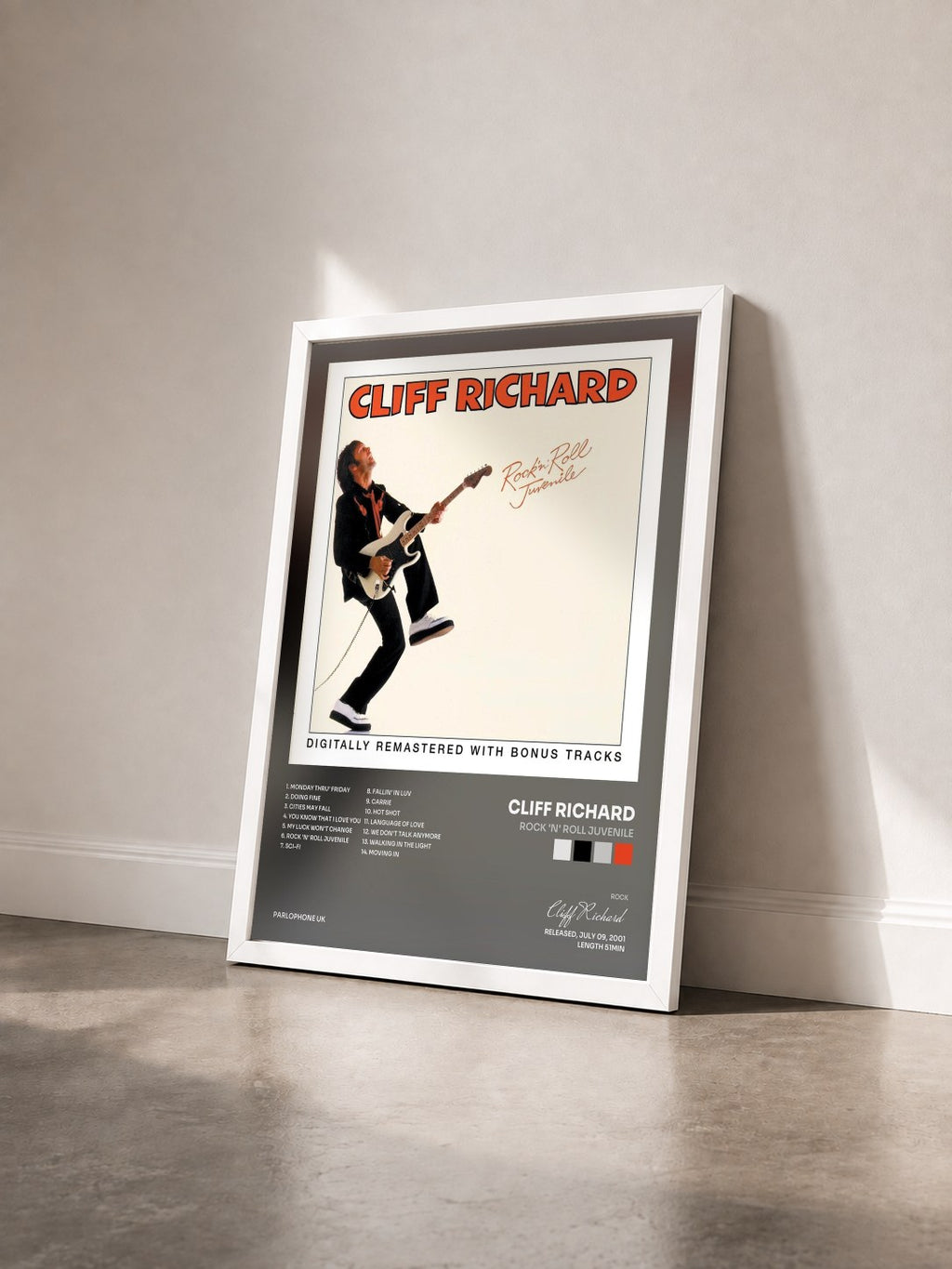 #blanc Tableau de l'album Rock 'n' Roll Juvenile de Cliff Richard vu de trois quarts, cadre blanc