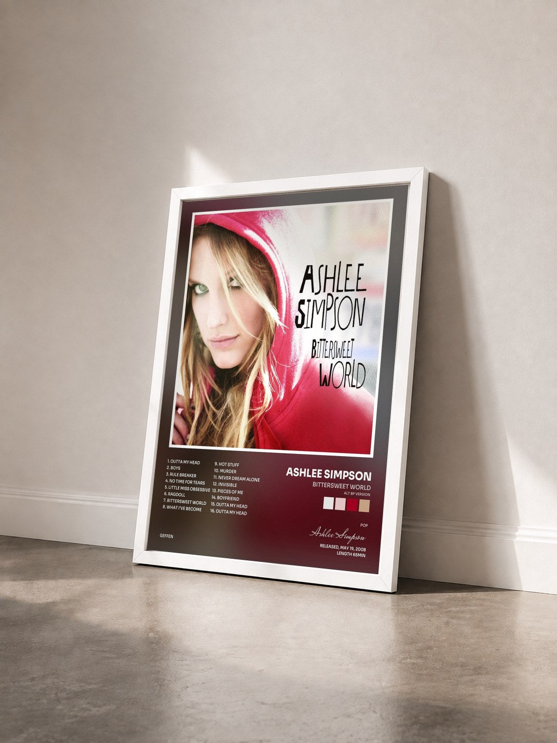 #blanc Tableau de l'album Bittersweet World (ALT BP Version) de Ashlee Simpson vu de trois quarts, cadre blanc