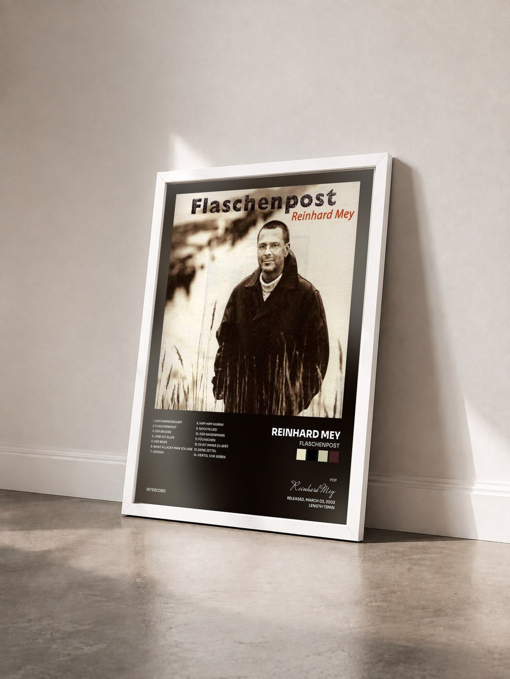 #blanc Tableau de l'album Flaschenpost de Reinhard Mey vu de trois quarts, cadre blanc