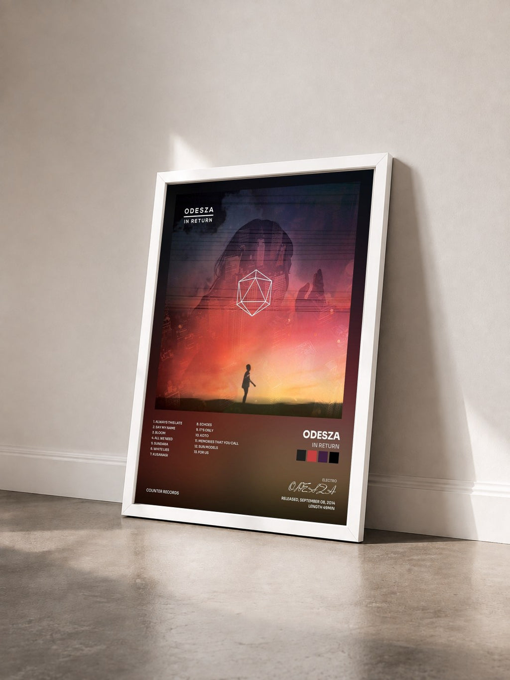 #blanc Tableau de l'album In Return de ODESZA vu de trois quarts, cadre blanc