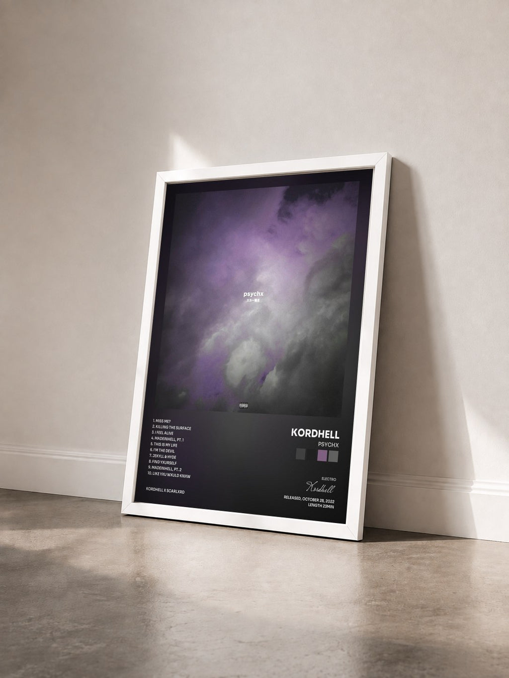 #blanc Tableau de l'album PSYCHX de Kordhell vu de trois quarts, cadre blanc