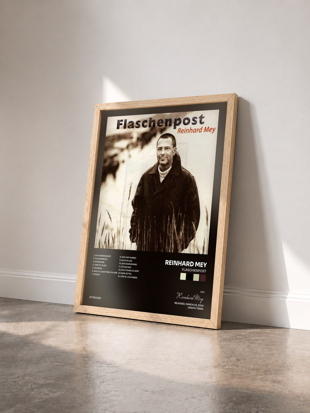 #bois Tableau de l'album Flaschenpost de Reinhard Mey vu de trois quarts, cadre en bois brut