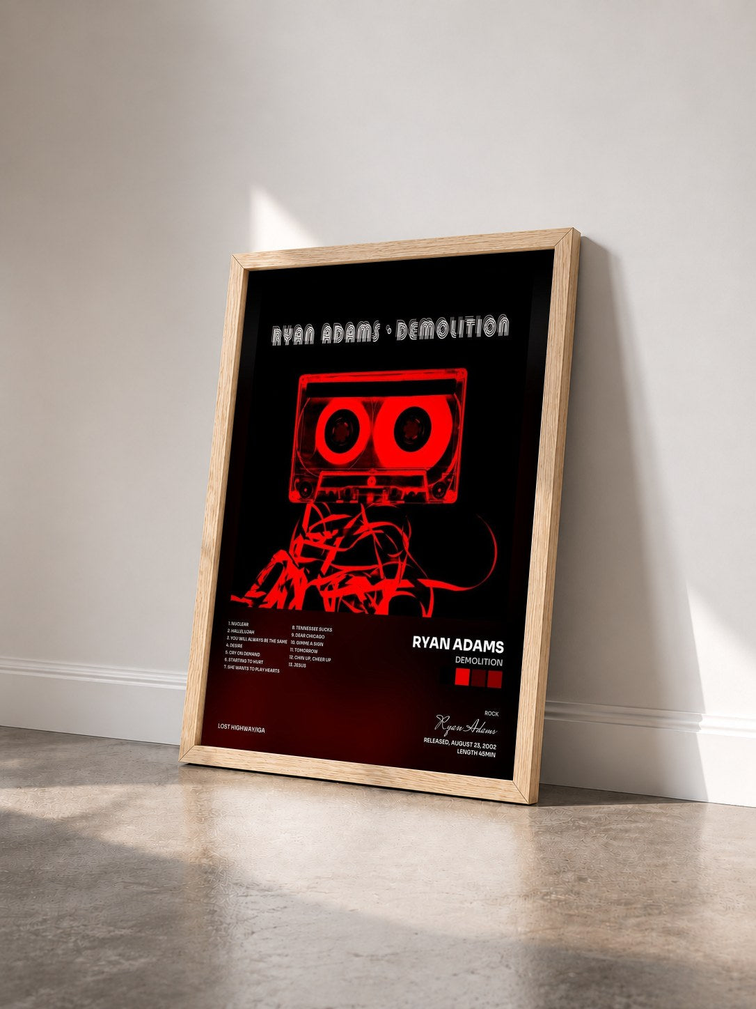 #bois Tableau de l'album Demolition de Ryan Adams vu de trois quarts, cadre en bois brut