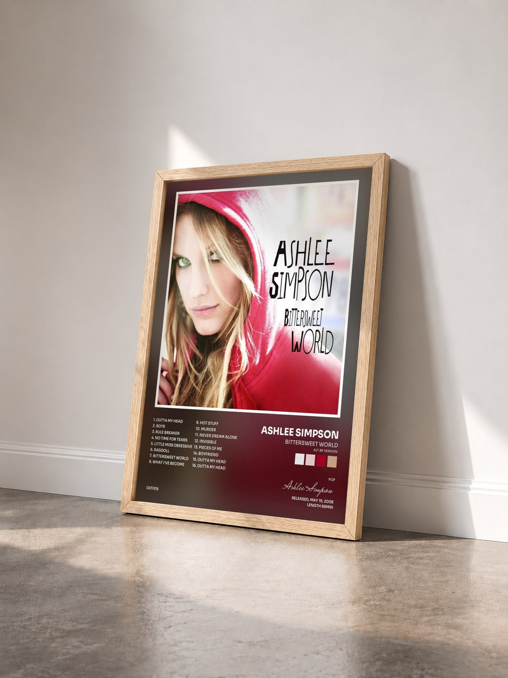 #bois Tableau de l'album Bittersweet World (ALT BP Version) de Ashlee Simpson vu de trois quarts, cadre en bois brut
