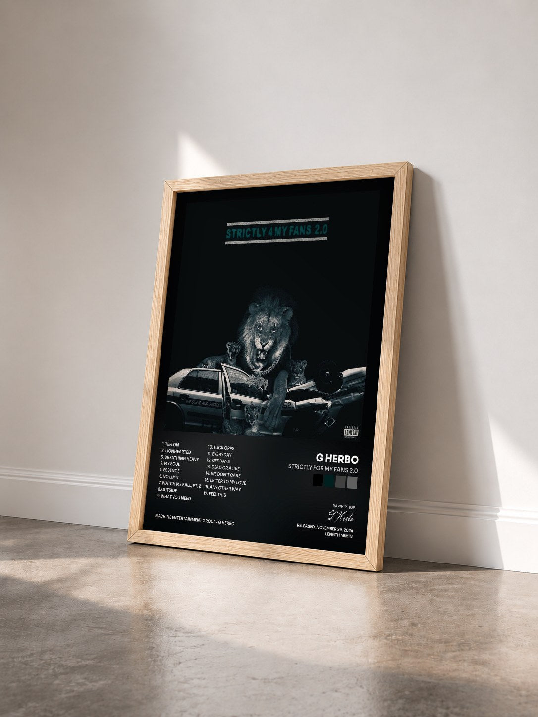#bois Tableau de l'album Strictly For My Fans 2.0 de G Herbo vu de trois quarts, cadre en bois brut
