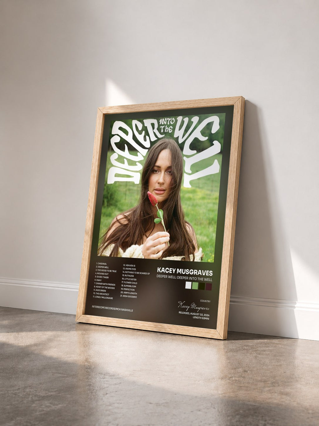 #bois Tableau de l'album Deeper Well: Deeper into the Well de Kacey Musgraves vu de trois quarts, cadre en bois brut