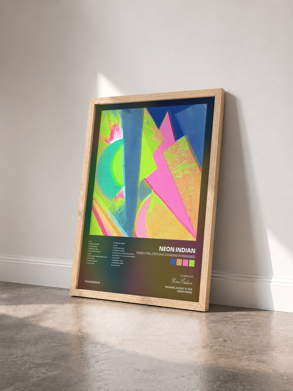 #bois Tableau de l'album Mind Ctrl: Psychic Chasms Possessed de Neon Indian vu de trois quarts, cadre en bois brut