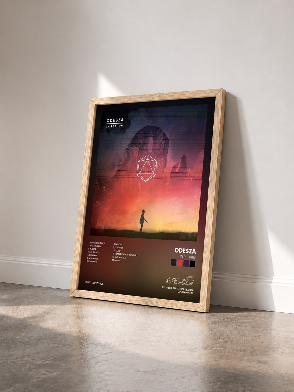 #bois Tableau de l'album In Return de ODESZA vu de trois quarts, cadre en bois brut