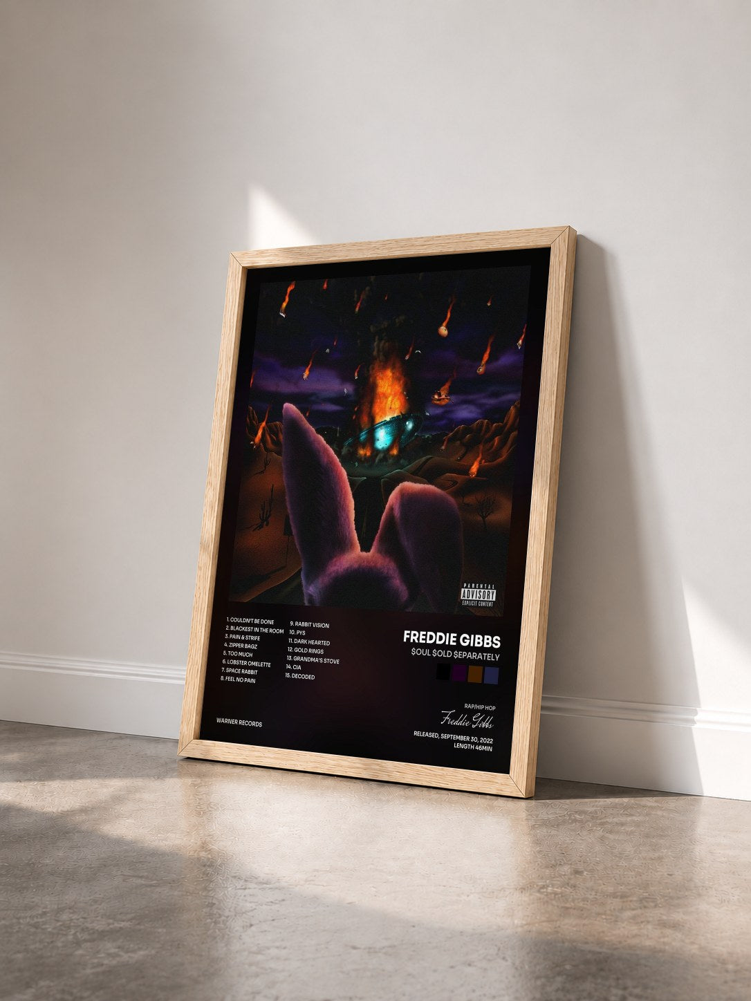 #bois Tableau de l'album $oul $old $eparately de Freddie Gibbs vu de trois quarts, cadre en bois brut