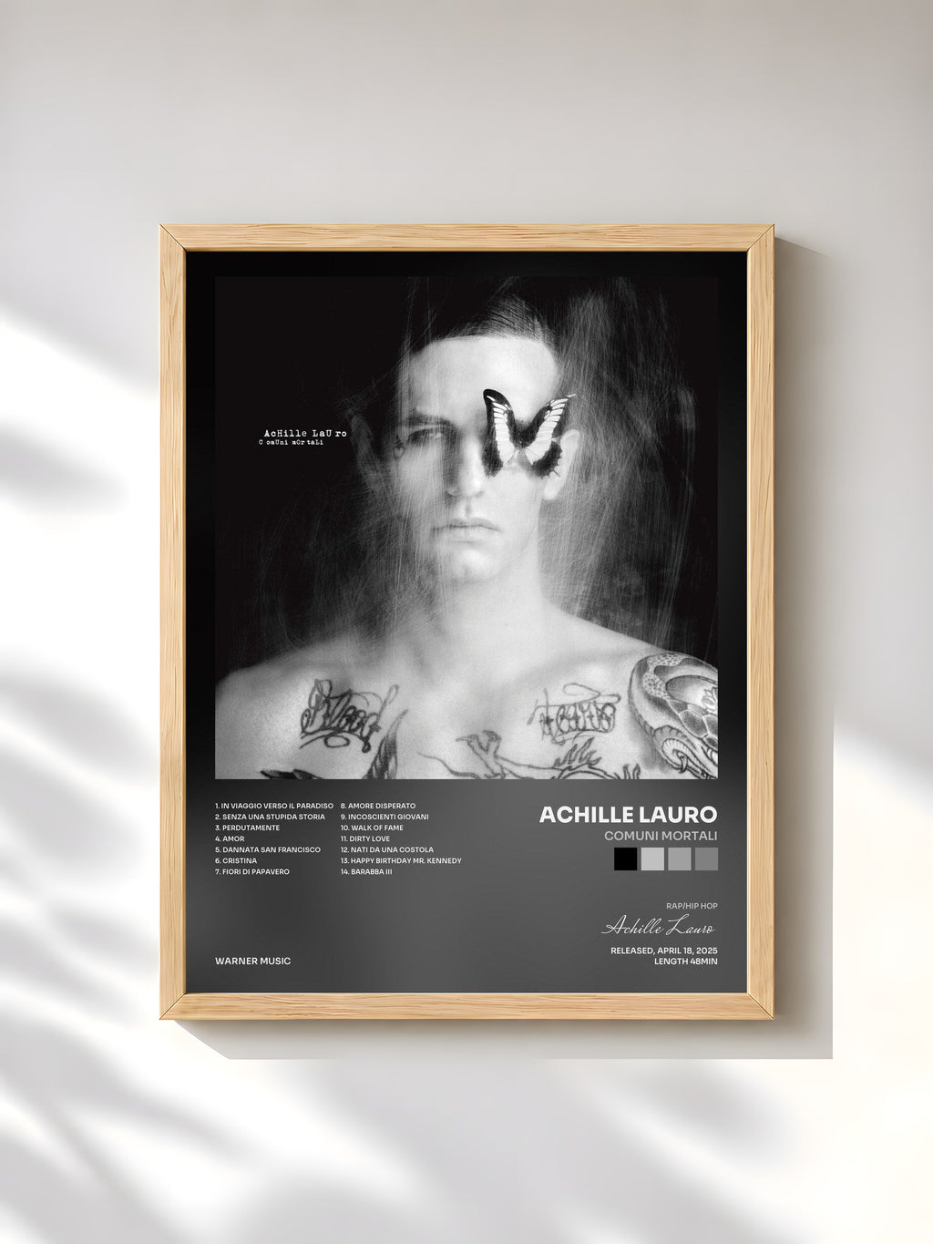 #bois Tableau de l'album Comuni Mortali de Achille Lauro, cadre en bois brut, imprimé et encadré en France