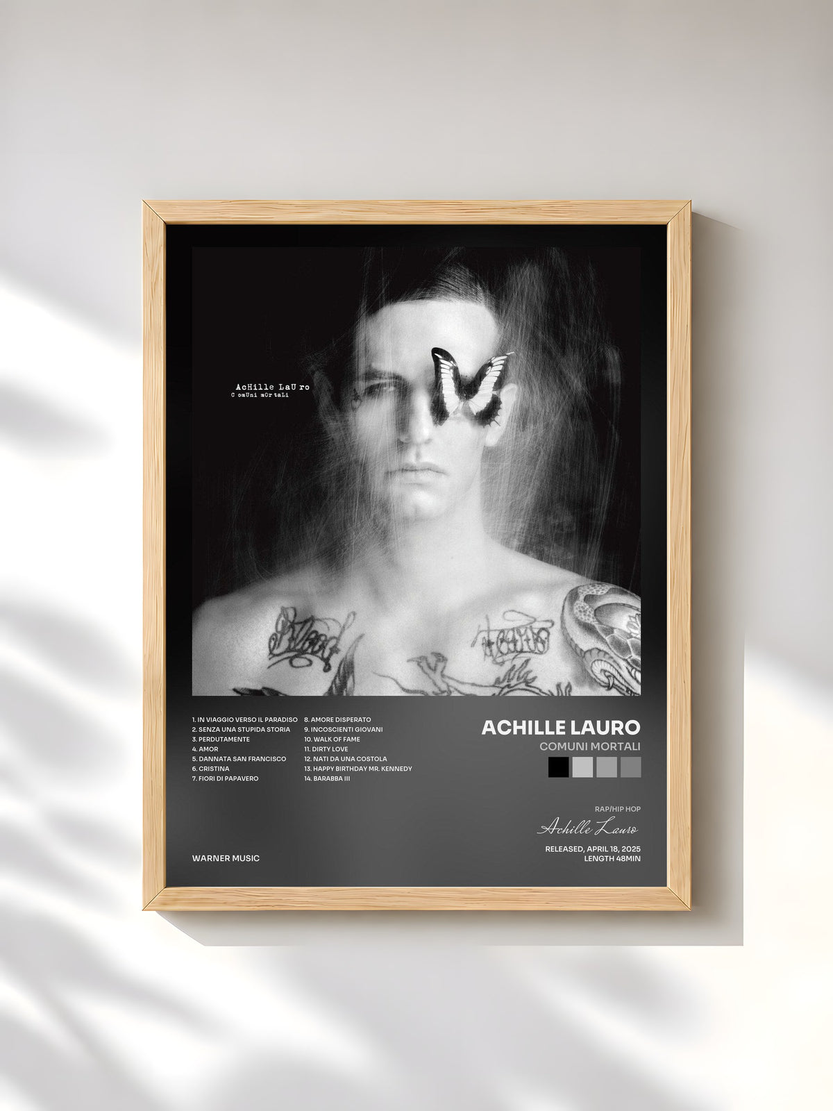 #bois Tableau de l'album Comuni Mortali de Achille Lauro, cadre en bois brut, imprimé et encadré en France