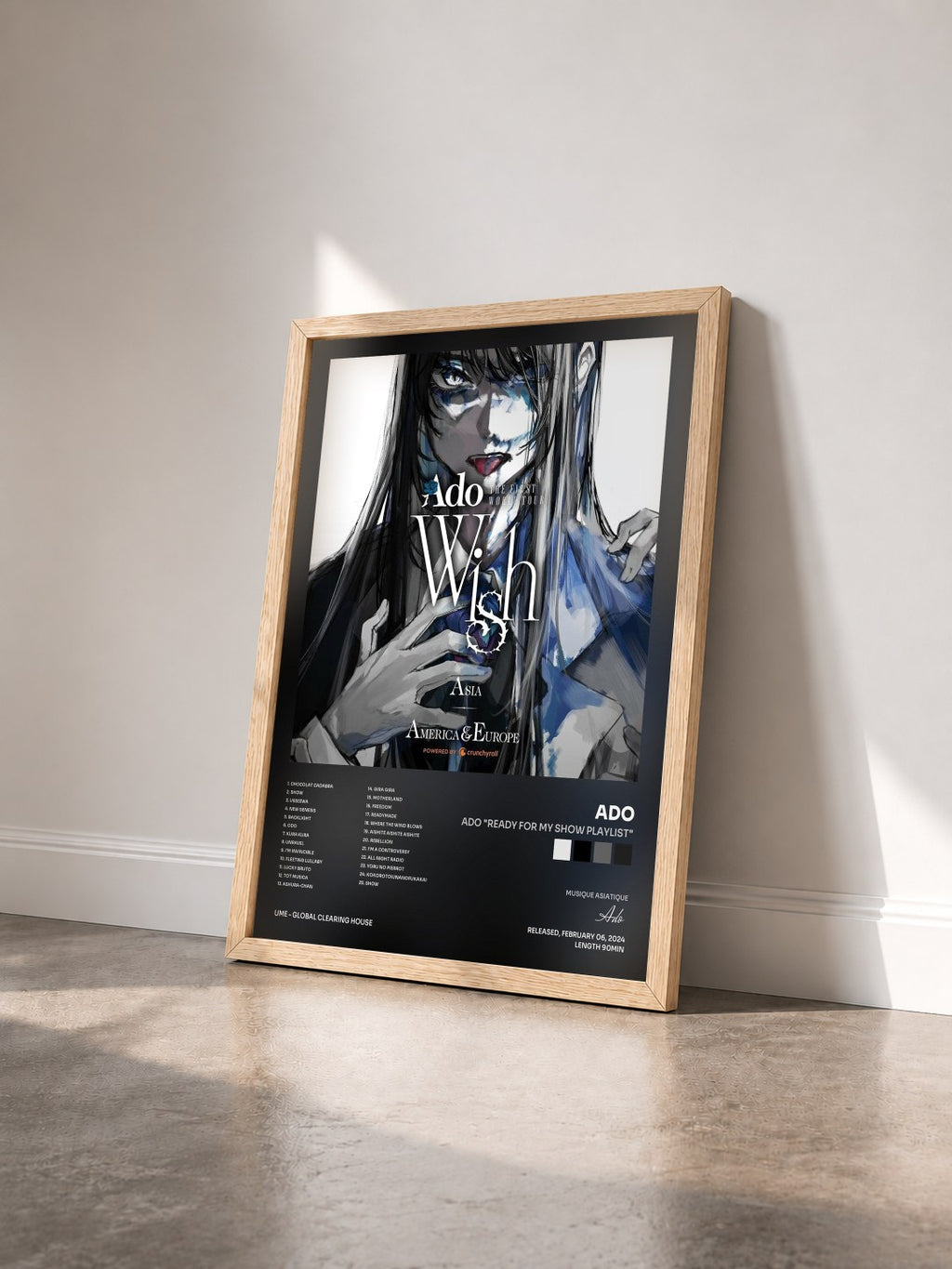 #bois Tableau de l'album Ado "Ready For My Show Playlist" de Ado vu de trois quarts, cadre en bois brut