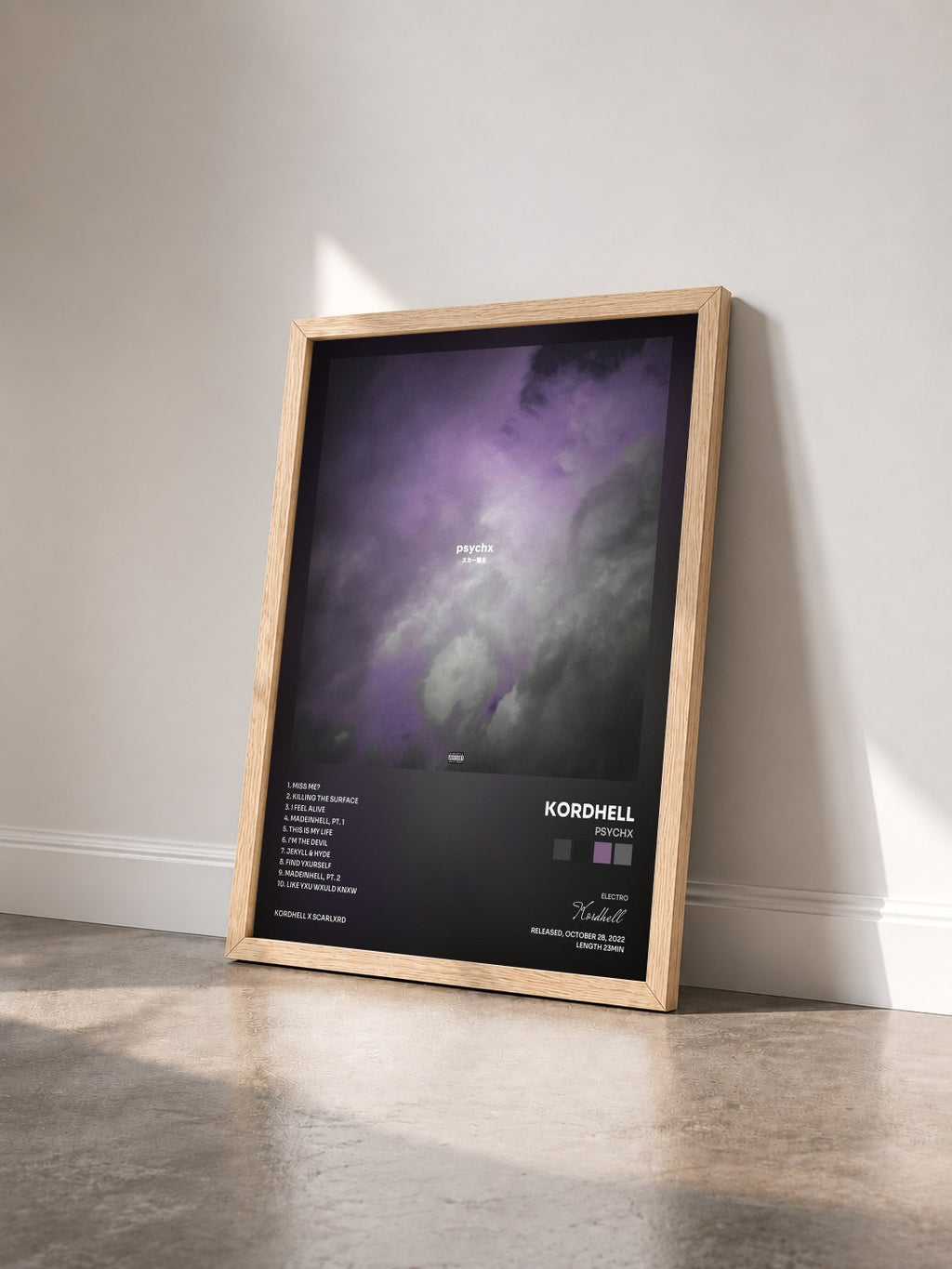 #bois Tableau de l'album PSYCHX de Kordhell vu de trois quarts, cadre en bois brut