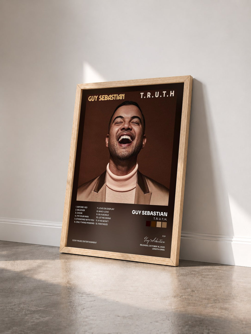 #bois Tableau de l'album T. R. U. T. H. de Guy Sebastian vu de trois quarts, cadre en bois brut