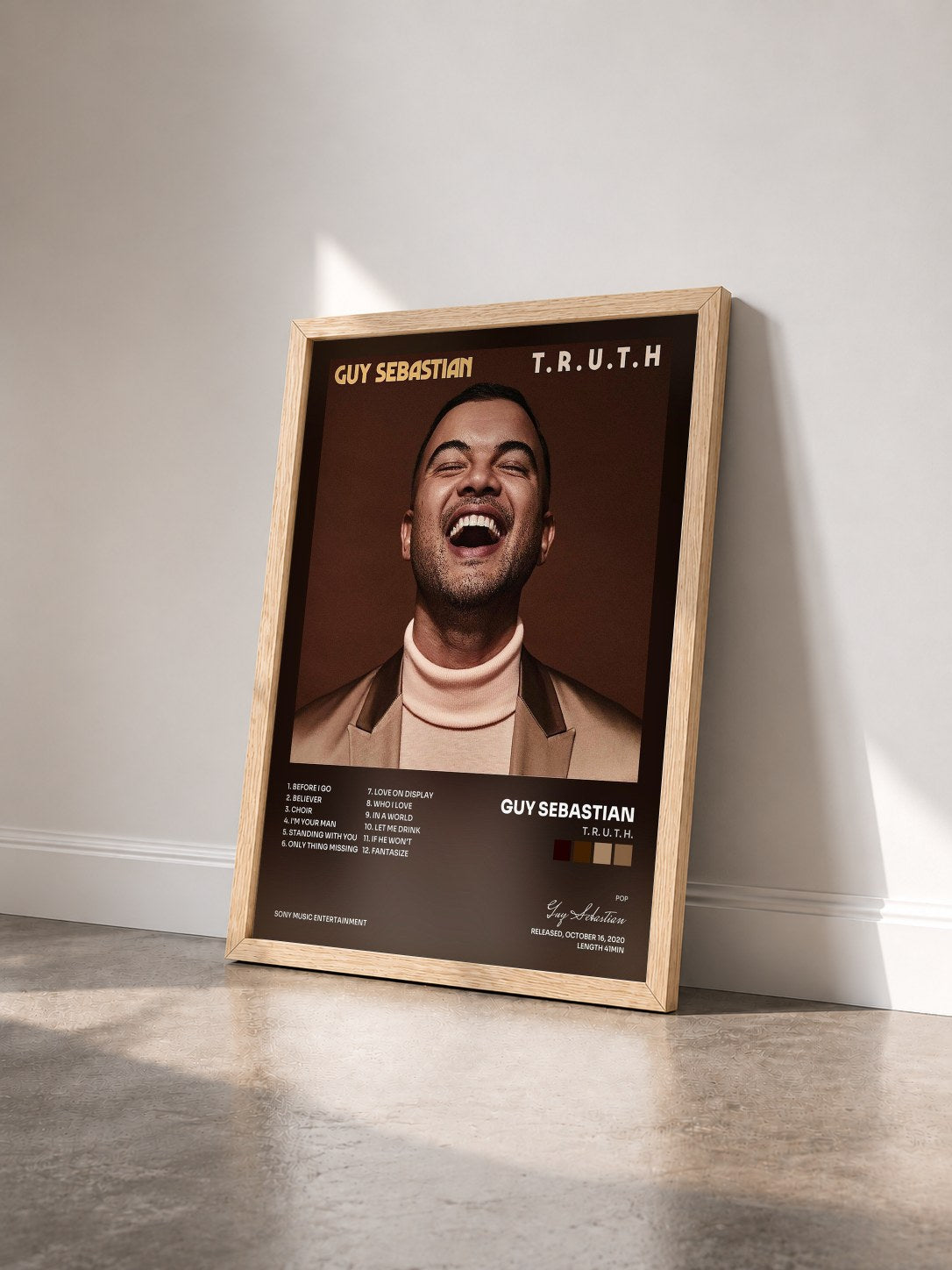 #bois Tableau de l'album T. R. U. T. H. de Guy Sebastian vu de trois quarts, cadre en bois brut