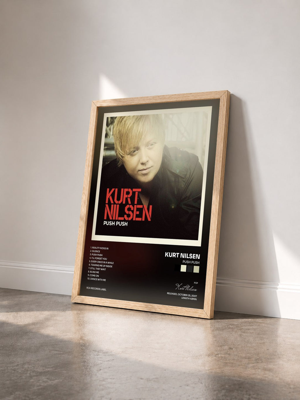 #bois Tableau de l'album Push Push de Kurt Nilsen vu de trois quarts, cadre en bois brut