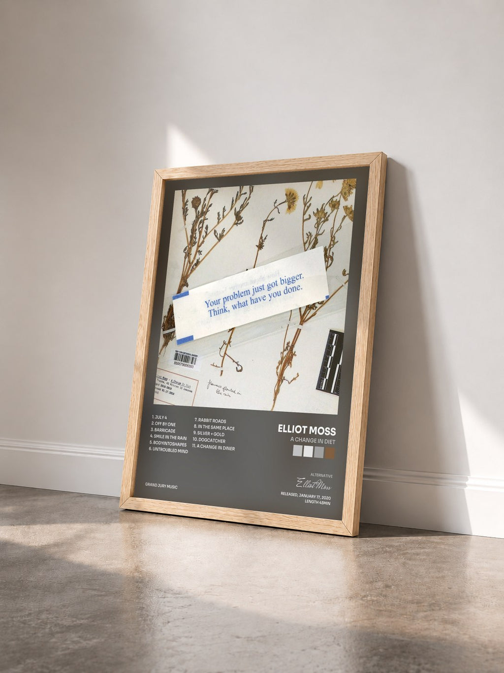 #bois Tableau de l'album A Change in Diet de Elliot Moss vu de trois quarts, cadre en bois brut