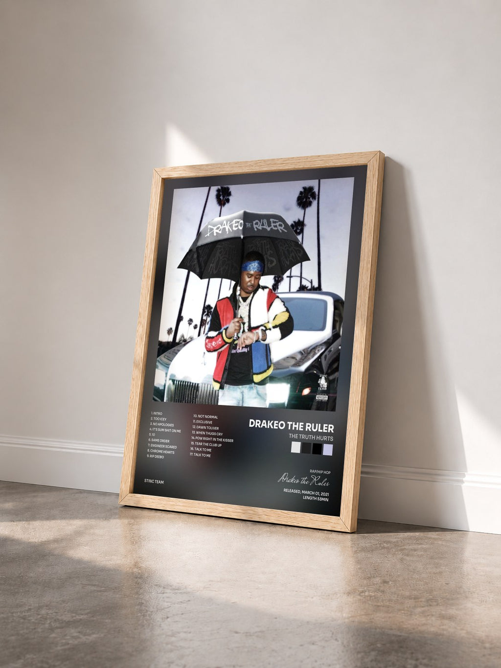 #bois Tableau de l'album The Truth Hurts de Drakeo the Ruler vu de trois quarts, cadre en bois brut