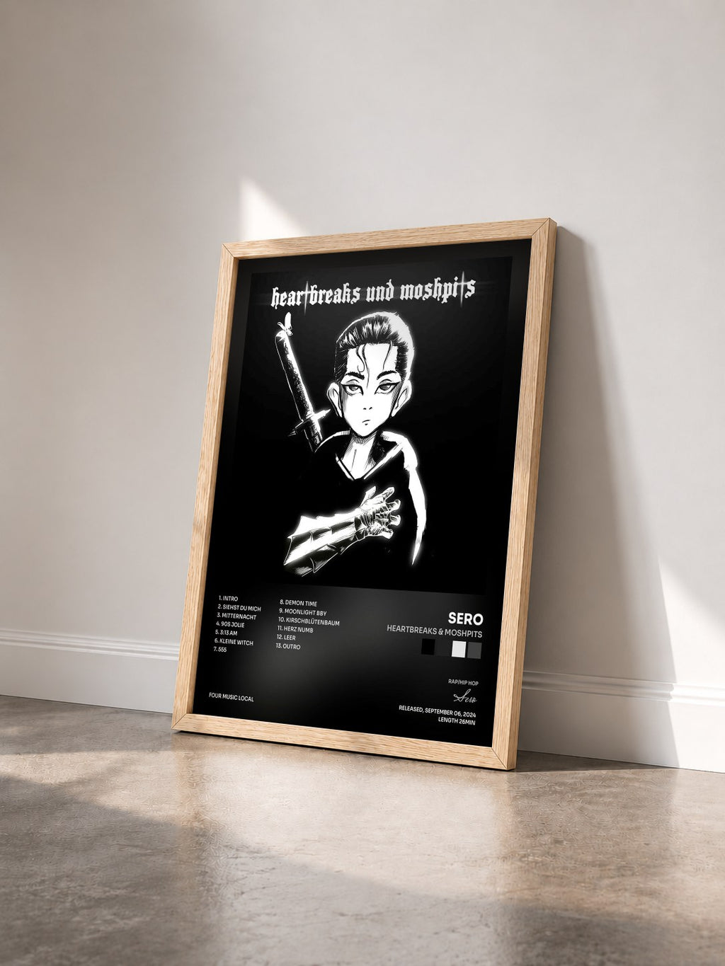 #bois Tableau de l'album Heartbreaks & Moshpits de Sero vu de trois quarts, cadre en bois brut
