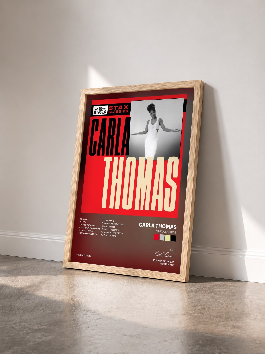 #bois Tableau de l'album Stax Classics de Carla Thomas vu de trois quarts, cadre en bois brut
