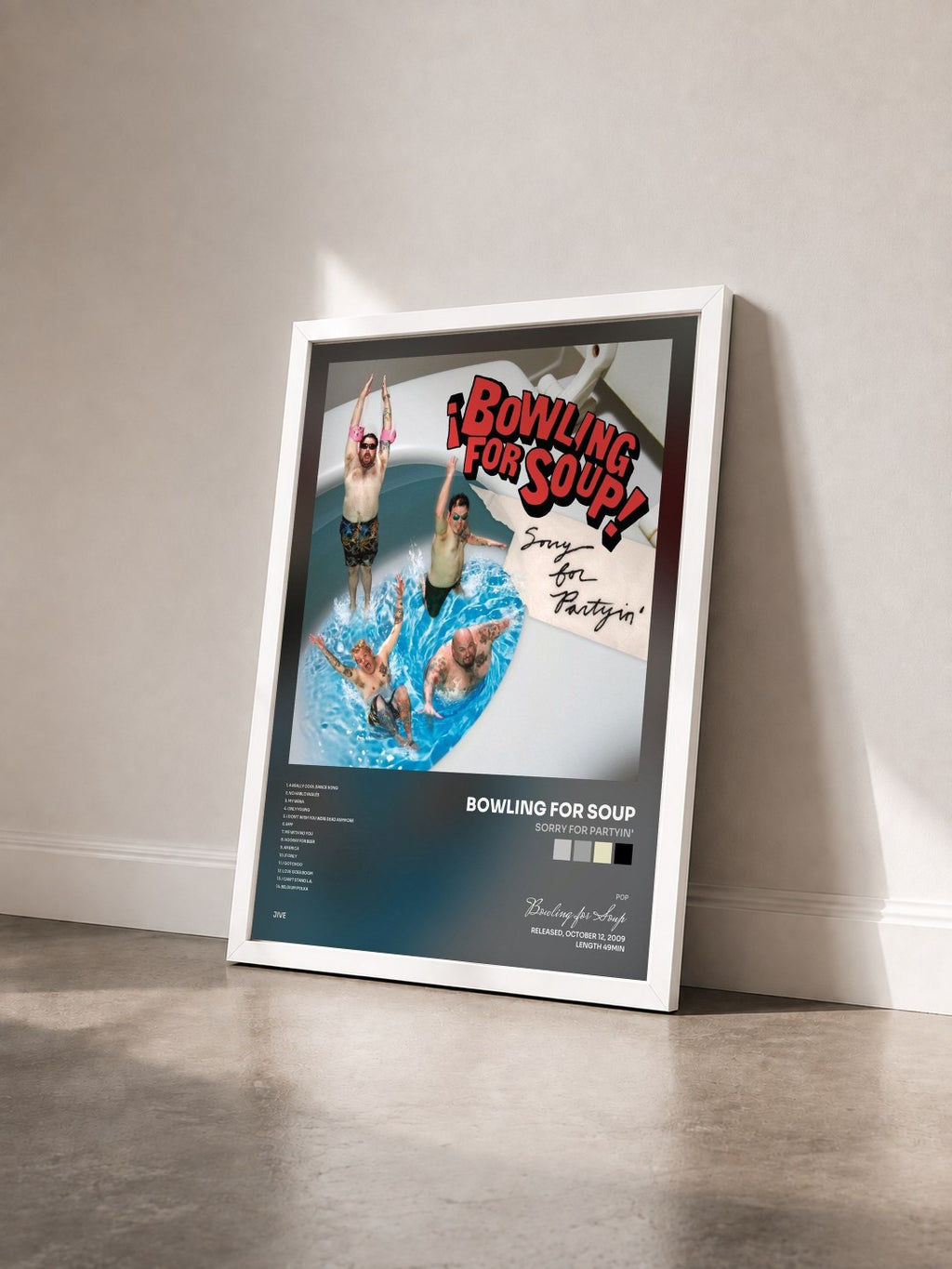 #blanc Tableau de l'album Sorry For Partyin' de Bowling for Soup vu de trois quarts, cadre blanc