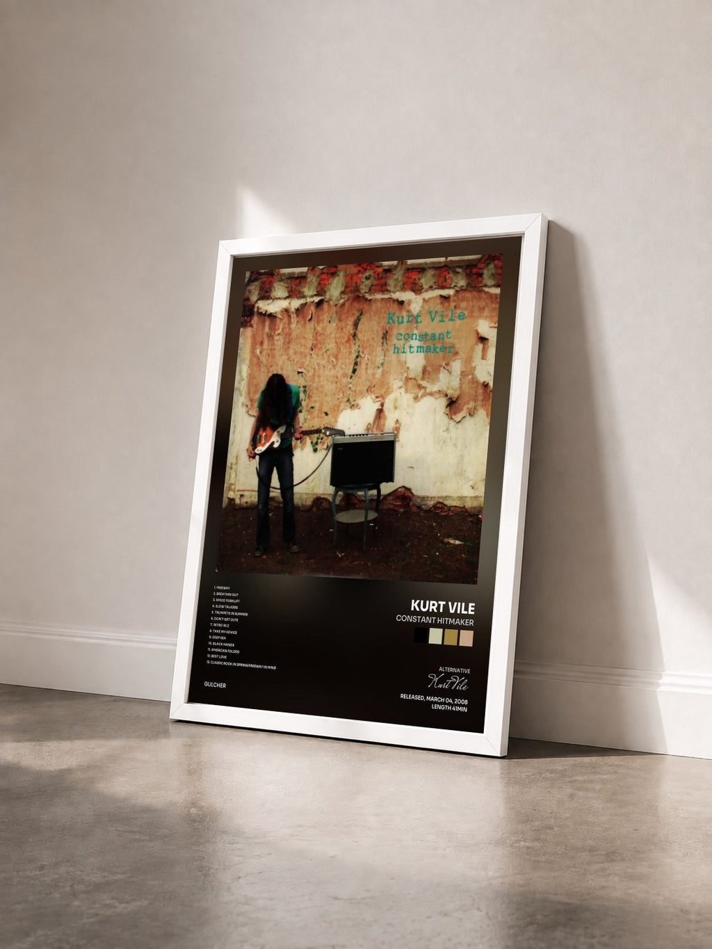 #blanc Tableau de l'album Constant Hitmaker de Kurt Vile vu de trois quarts, cadre blanc