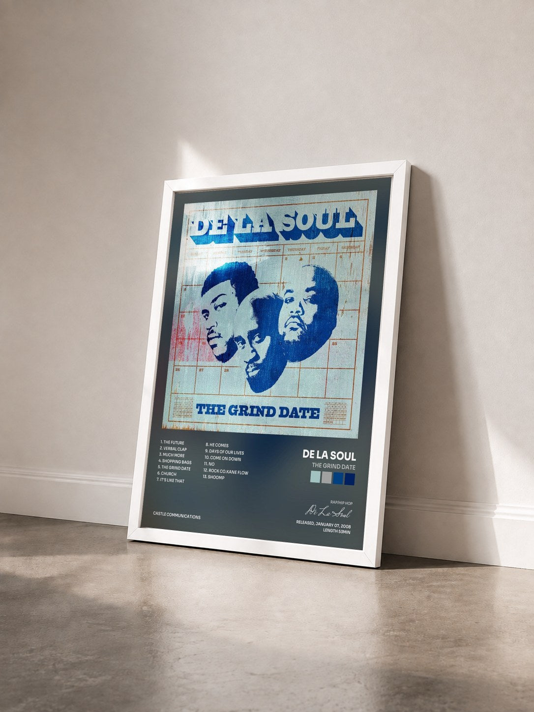 #blanc Tableau de l'album The Grind Date de De La Soul vu de trois quarts, cadre blanc