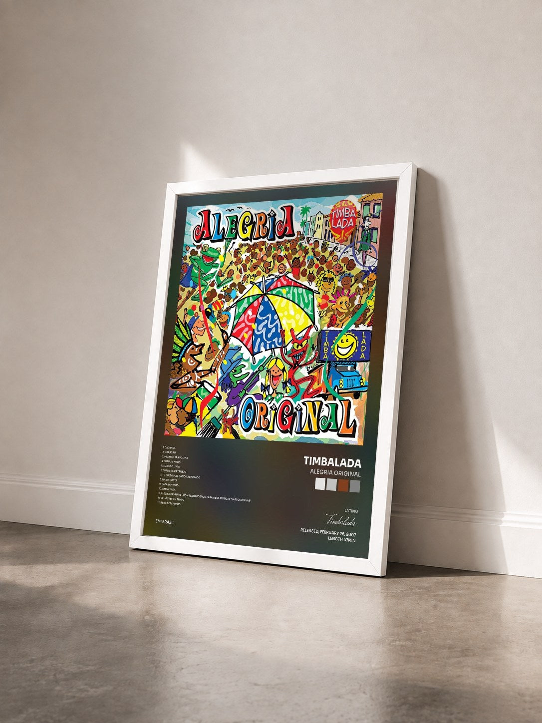 #blanc Tableau de l'album Alegria Original de Timbalada vu de trois quarts, cadre blanc