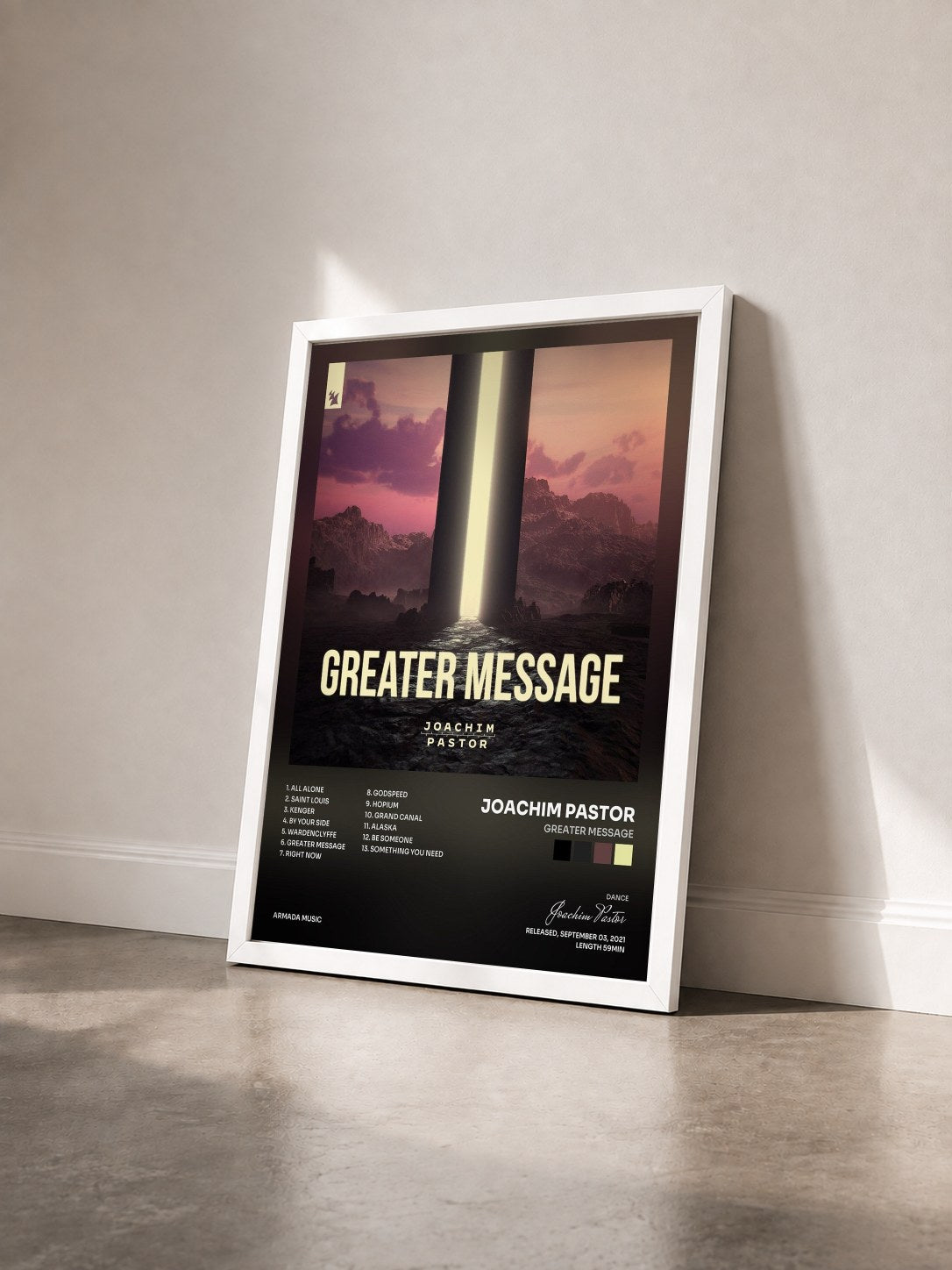 #blanc Tableau de l'album Greater Message de Joachim Pastor vu de trois quarts, cadre blanc