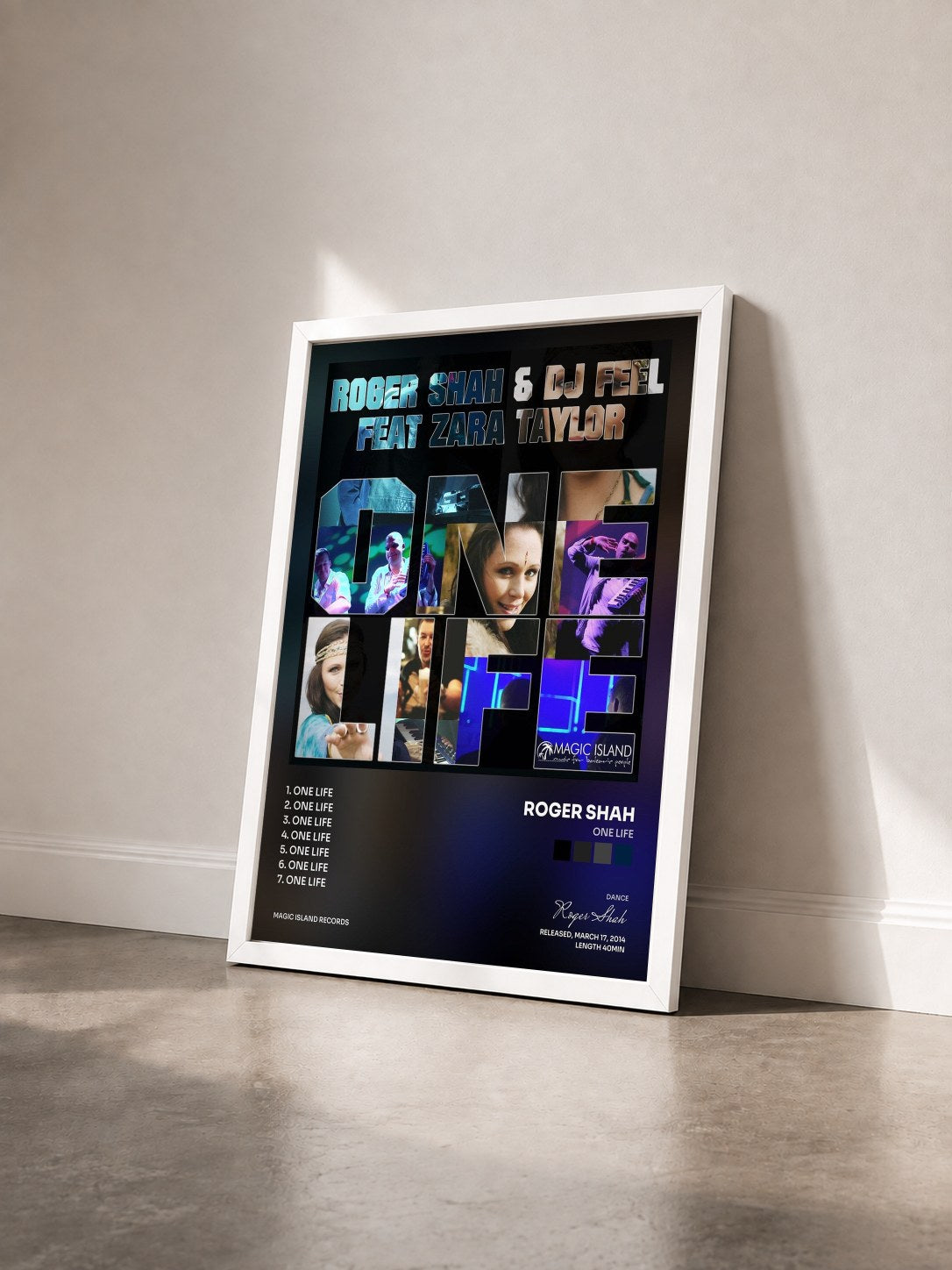 #blanc Tableau de l'album One Life de Roger Shah vu de trois quarts, cadre blanc