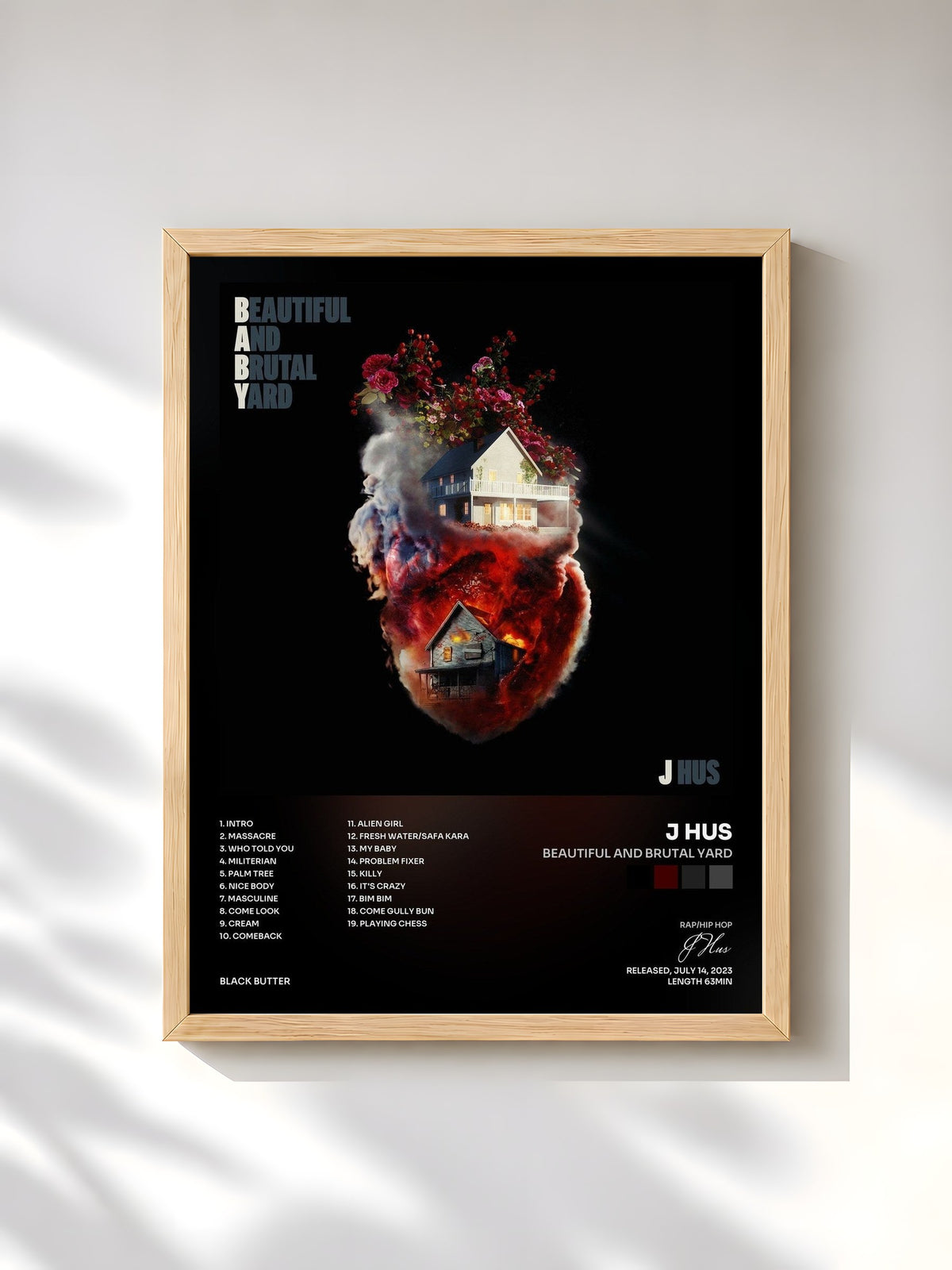 #bois Tableau de l'album Beautiful And Brutal Yard de J Hus, cadre en bois brut, imprimé et encadré en France