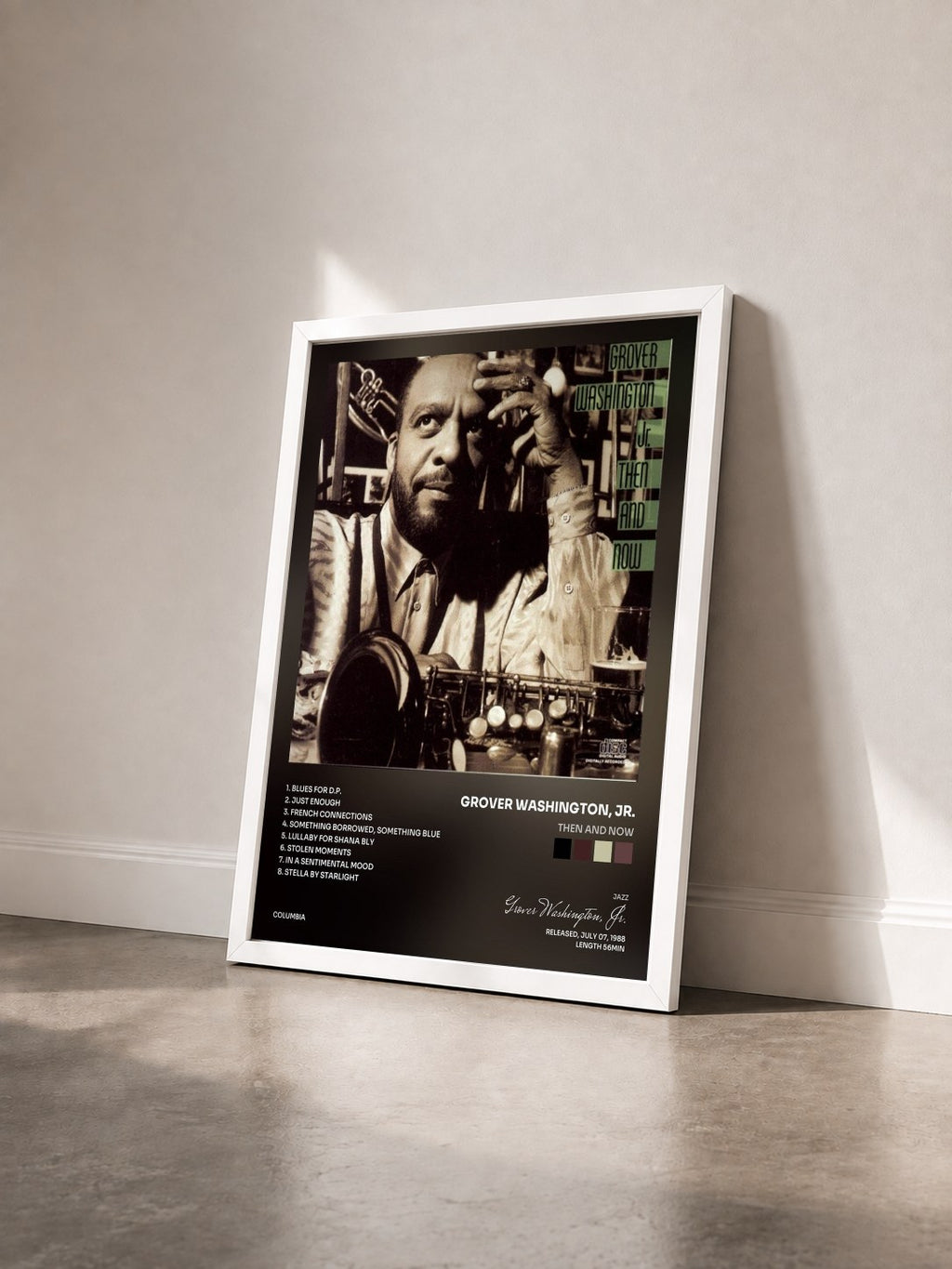 #blanc Tableau de l'album Then And Now de Grover Washington, Jr. vu de trois quarts, cadre blanc
