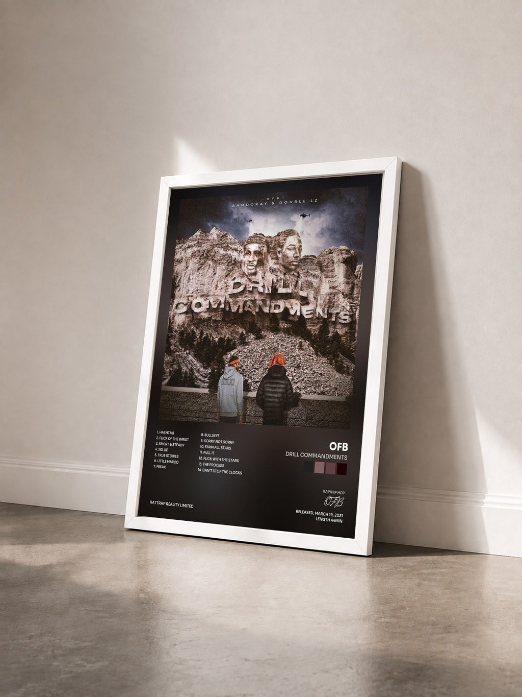#blanc Tableau de l'album Drill Commandments de OFB vu de trois quarts, cadre blanc