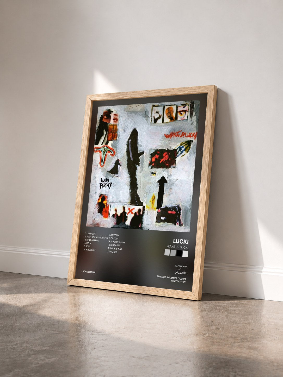 #bois Tableau de l'album WAKE UP LUCKI de Lucki vu de trois quarts, cadre en bois brut