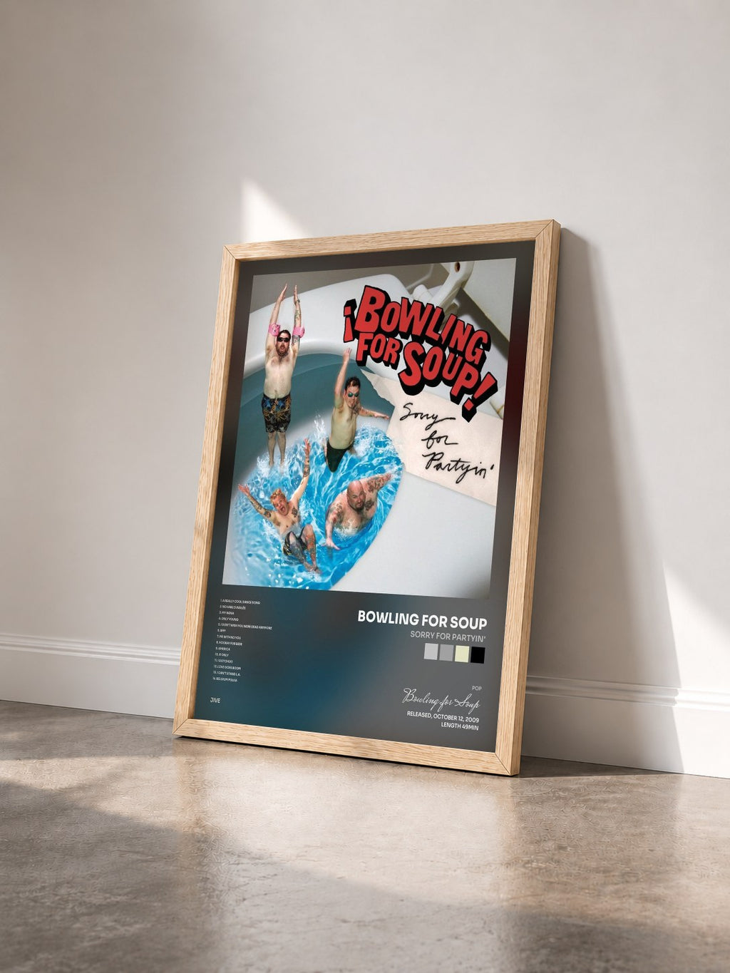 #bois Tableau de l'album Sorry For Partyin' de Bowling for Soup vu de trois quarts, cadre en bois brut