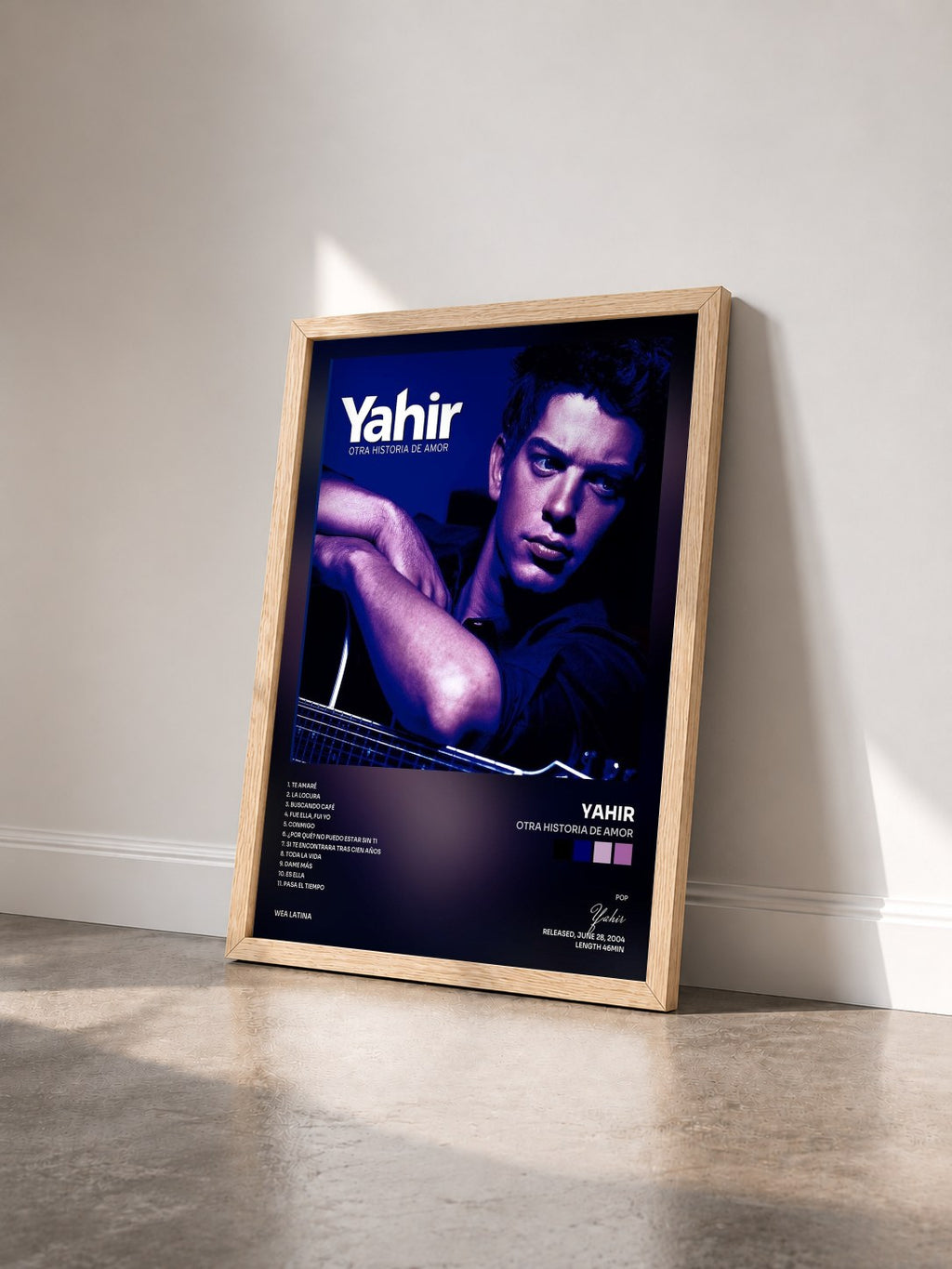 #bois Tableau de l'album Otra Historia De Amor de Yahir vu de trois quarts, cadre en bois brut